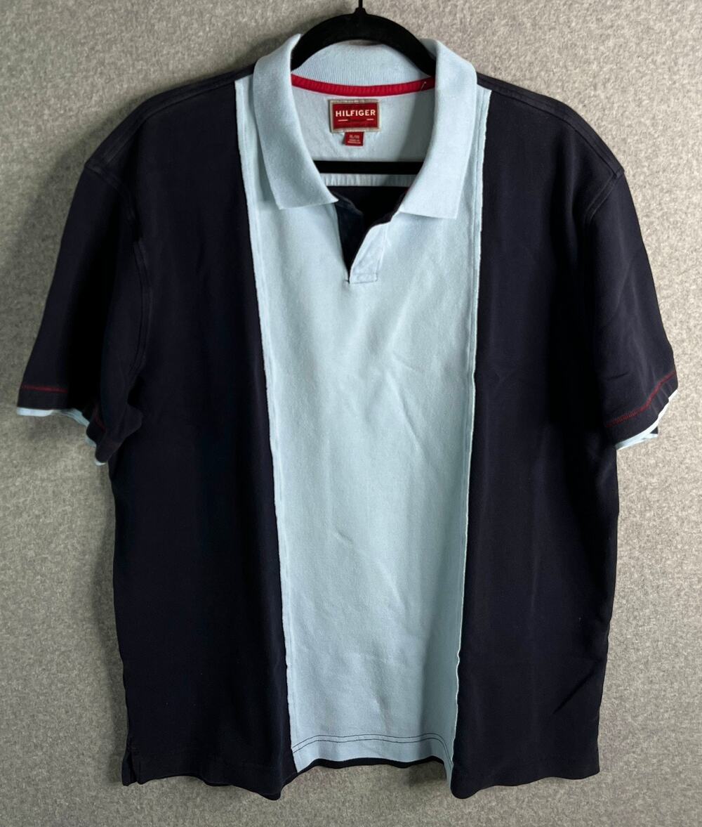 Tommy Hilfiger Denim Polo Shirt Mens XL Colorblock Blue Navy Short Sleeve Cotton